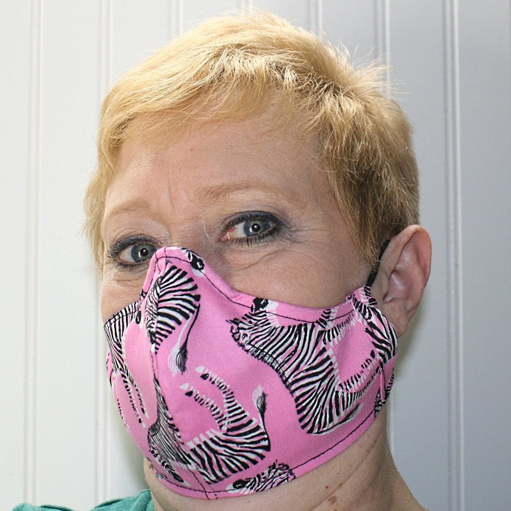 HAND CRAFTED Face Mask Pink Zebra Adult Cloth Fabric Print - Shield Style